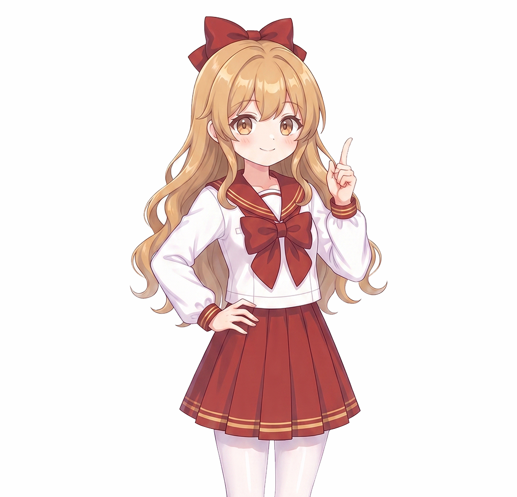 Rose, a girl with long honey-blonde hair, a red bow, and a red-and-white sailor uniform