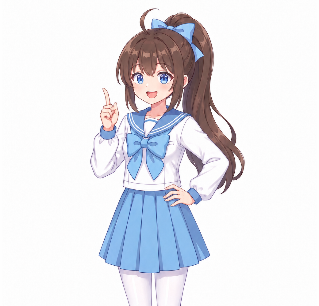 Lilia, a girl with a brown ponytail, a blue bow, and a blue-and-white sailor uniform
